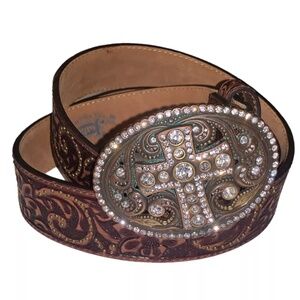 JUSTIN Tooled Leather Belt with Rhinestone Buckle